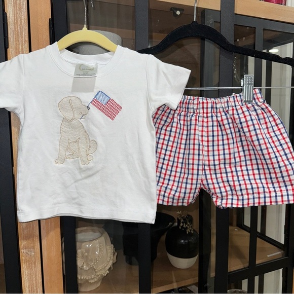 Cecil & Lou USA set embroidered puppy flag smock shorts plaid baby toddler boy - Picture 1 of 8